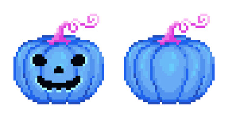 Sticker - Pixel art Halloween Cute Blue Pumpkin set. Pixel jack halloween pumpkin lantern in 8 bit style. Vector icons of happy toxic Blue pumpkin jack face. Jack o Lantern Halloween pixel Blue pumpkin.
