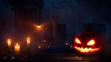 Jack O' Lantern In Haunted Woodland Churchyard. Halloween Background.