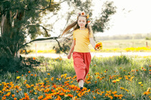 Portrait Of Pretty Girl Sitting In Field With Vibrant Orange And Yellow Wildflowers
