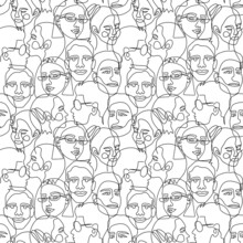 One Line Art Face Woman And Man Seamless Pattern. Modern Minimalist Abstract Portrait. Seamless Background