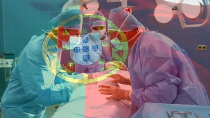 Sticker - Animation of flag of portugal waving over surgeons in operating theatre