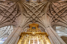 Segovia, Spain. Gothic Ribbed Vaults And Organ At The Nave Inside Segovia Cathedral