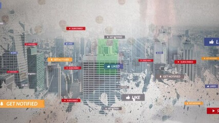 Poster - Animation of social media icons over cityscape