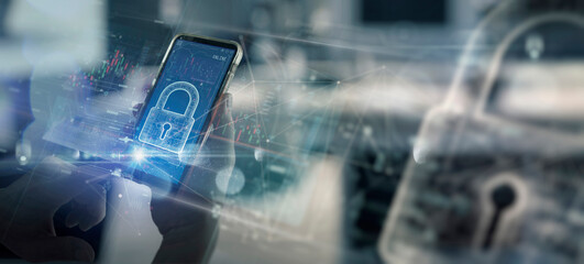 Leinwandbilder - Cyber security and data protection for Digital payments and banking.Businessman using smartphone and laptop computer protecting business and financial data with virtual network connection. Innovation.