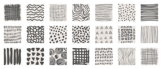 Set of hand drawn social media posts template, with boho and tribal patterns- Vector textures of Geometric doodle shapes of spots, dots, circles, strokes, stripes, lines. - good for posters and prints
