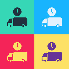 Wall Mural - Pop art Logistics delivery truck and time icon isolated on color background. Delivery time icon. Vector