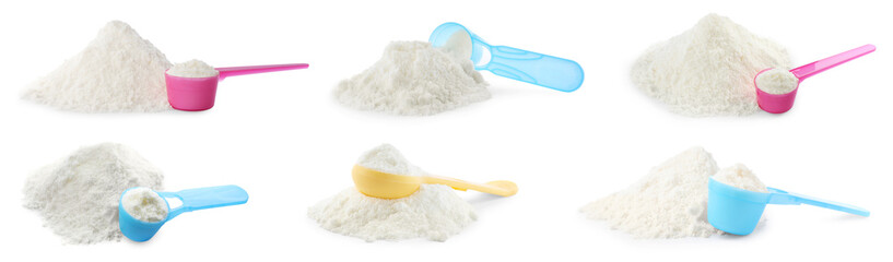 Set with powdered infant formula and scoops on white background, banner design. Baby milk