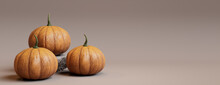 Three Pumpkins On A Dusty Pink Colored Background. Fall Themed Banner With Copy-space.
