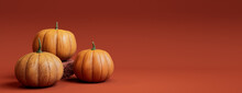 Three Pumpkins On A Deep Orange Colored Background. Fall Themed Banner With Copy-space.