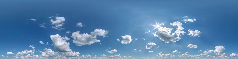 Wall Mural - blue sky hdri 360 panorama with white beautiful clouds in seamless projection with zenith for use in