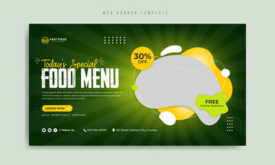 Wall Mural - Fast food business marketing social media web banner template design with abstract geometric background, restaurant logo and icon. Pizza, burger, healthy food & drink online sale promotion flyer.  