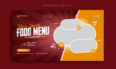 Fast food restaurant business marketing social media web banner template design with abstract geometric graphic background, logo and icon. Sale promotion flyer for pizza, burger & healthy food.      