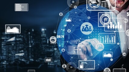 Finance and Money Transaction Technology conceptual . Icon Graphic interface showing fintech trade exchange, profit statistics analysis and market analyst service in modern computer application.