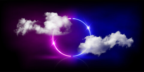 Wall Mural - Neon light circle frame glowing among soft clouds in dark sky abstract night background