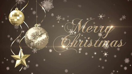 Wall Mural - animation of merry christmas text with christmas baubles decoration with snow falling
