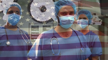 Sticker - Animation of flag of usa waving over surgeons in operating theatre