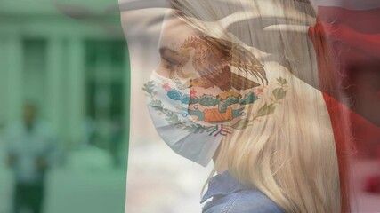 Poster - Animation of flag of mexico waving over woman wearing face mask during covid 19 pandemic