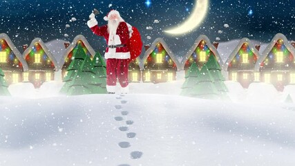 Canvas Print - Snow falling over santa claus holding a christmas bell standing on winter landscape