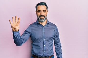 Sticker - Middle age man with beard and grey hair wearing business clothes showing and pointing up with fingers number four while smiling confident and happy.