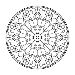 Vintage line art with victorian black medallion french rose. Isolated on white background. Coloring page, mandala