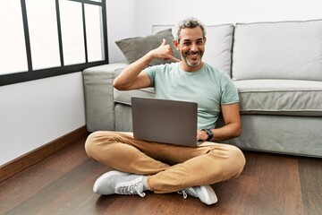 Poster - Middle age hispanic man using laptop sitting on the floor at the living room smiling doing phone gesture with hand and fingers like talking on the telephone. communicating concepts.