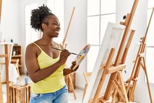 Young African American Artist Woman Smiling Happy Drawing At Art Studio.