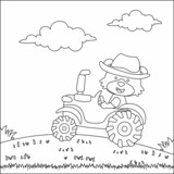 Fototapeta Dinusie - Cute bear and tractor in the farm, funny animal cartoon, Childish design for kids activity colouring book or page.