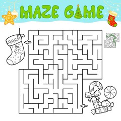 Wall Mural - Christmas Maze puzzle game for children. Outline maze or labyrinth game with christmas Sock.