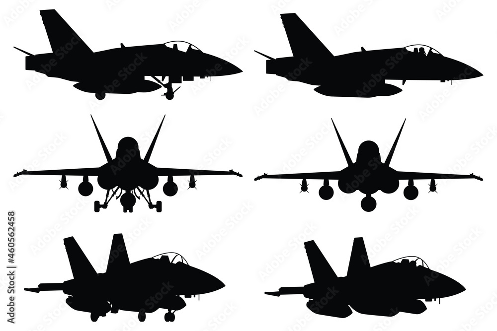Fighter jet aircraft silhouette vector on white background, military ...