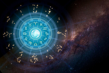 Zodiac signs inside of horoscope circle. Astrology in the sky with many stars and moons astrology and horoscopes concept.