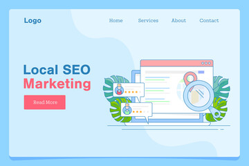 Wall Mural - Local seo marketing, local business review showing on search engine page, local business map listing, geo tagging small business, internet communication concept. Outline style landing page template.