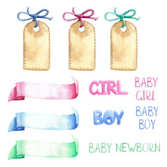 baby nursery template ribbon title label blank watercolor set