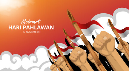 Hari pahlawan or Indonesia heroes day background with fist and sharpen bamboo illustration