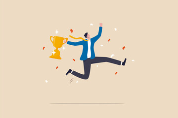 celebrate work achievement, success or victory, winning prize or trophy, challenge or succeed in bus