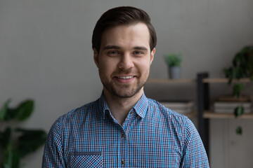 Wall Mural - head shot portrait smiling bearded man talking and looking at camera, making video call, confident b