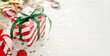 Christmas banner with gift boxes and Christmas decorations on a white background, copy space