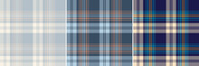 Check Plaid Pattern Set In Navy Blue, Yellow, Brown, Beige. Seamless Textured Simple Tartan Vector Background For Flannel Shirt Or Other Modern Spring Summer Autumn Winter Fashion Textile Design.