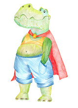 Green Cartoon Crocodile In Blue Pants And A Red Cape 
Stands And Put His Paws In His Pockets