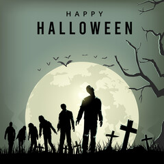 Wall Mural - Halloween spooky night poster, Silhouette of zombies walking, Vector Illustration