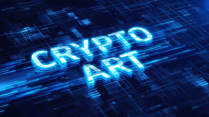 Wall Mural - Crypto art concept. NFT - Crypto art nonfungible tokens on blue technology background. 3d rendering