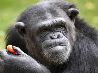 Wall Mural - The male African Chimpanzee, Pan troglodytes, holds the fruit in the year and looks at the female inanimate.