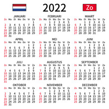 2022 Year Calendar. Simple, Clear And Big. Dutch Language. Week Starts On Sunday. Sunday Highlighted. No Holidays. Vector Illustration. EPS 8, No Gradients, No Transparency
