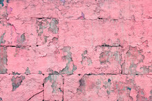 Peeled Off Old Pink Paint On Flat Rough Brick Wall Surface - Full Frame Background And Texture