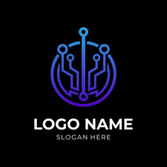 tech logo design template concept vector with flat blue color style