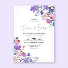 Wedding Invitation Card With Purple Wildflower Watercolor