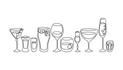 One line drawing martini rum wine liquor champagne tequila beer whiskey vermouth vodka glass on white background. Black and white objects are arranged in row. Hand drawn continuous line way