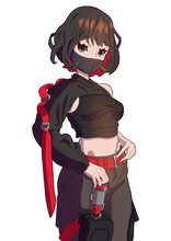 Cute Fighting Anime Manga Girl With Short Hair In A Mask In A Top And Wide Pants With Red Hair And Red Belts Blue Eyes Sticker