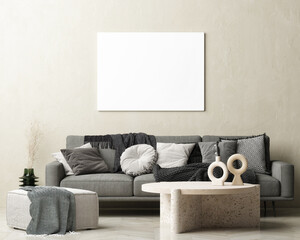 Wall Mural - Living room with mock-up poster for presentation, 3d illustration.