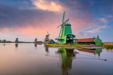 Windmills In Zaanse Schans, Netherlands Traditional Village In Holland