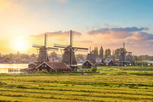 Windmills In Zaanse Schans, Netherlands Traditional Village In Holland